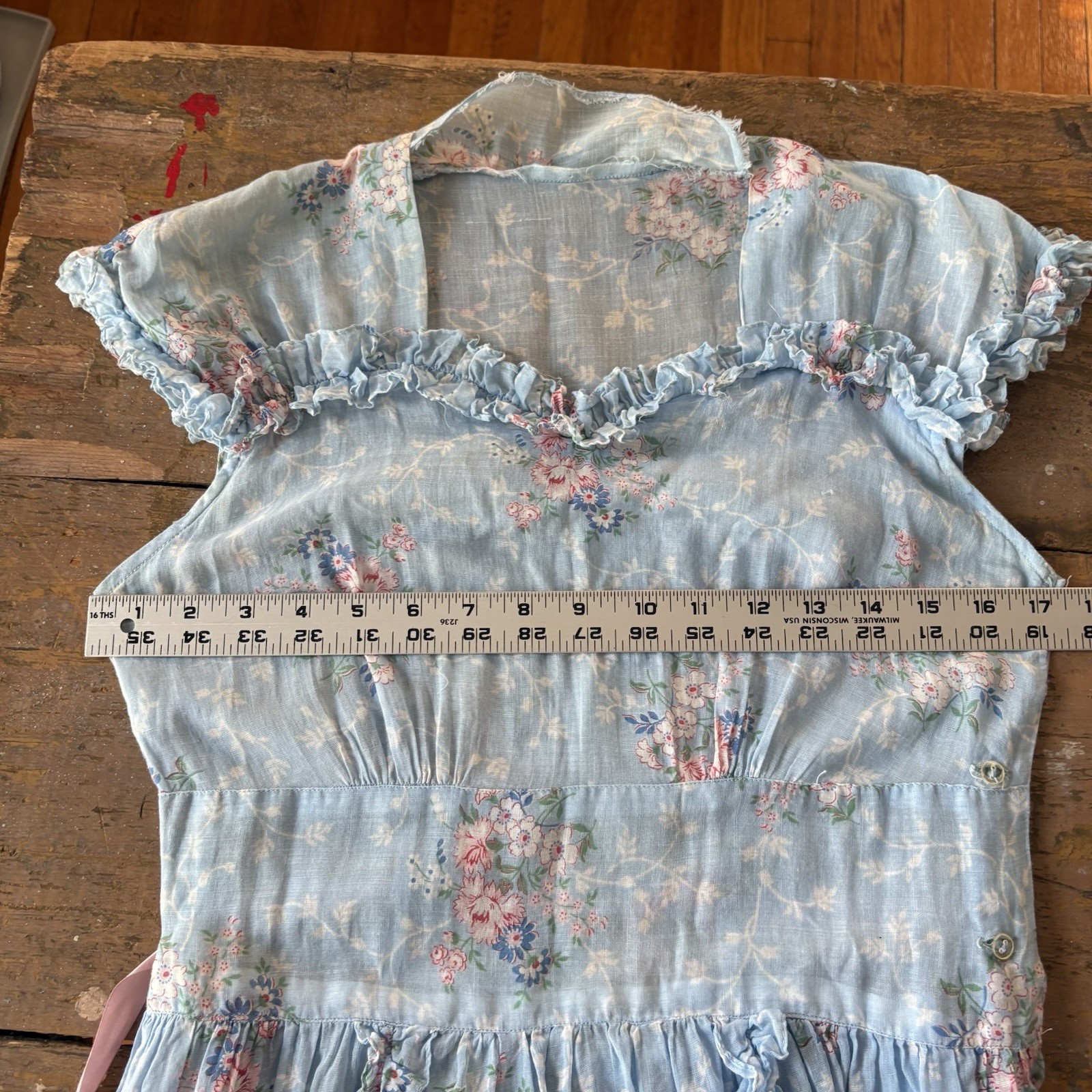 Vintage 1940s Blue Floral Cotton Voile Fabric Dress Ruffle Trim Summer