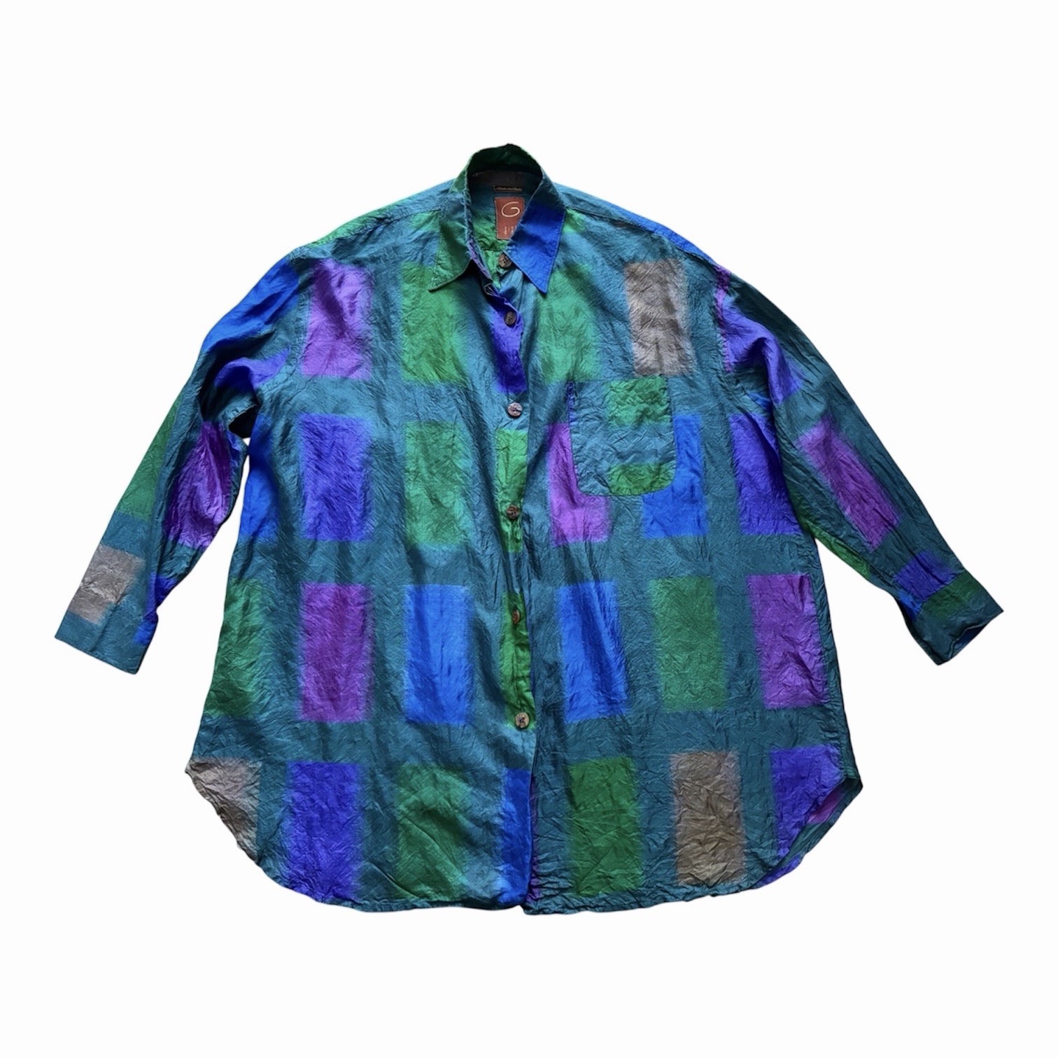 Vintage 90s Romeo Gigli 100% Silk Shirt Green Purple Button-Up Blouse Italy Sz S
