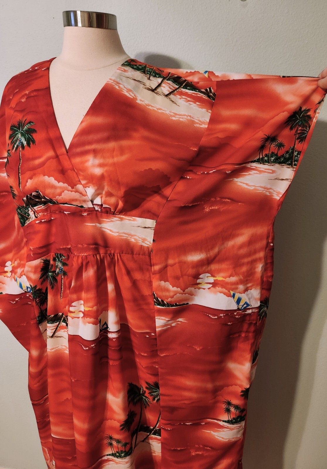 Vintage 1970s Red Sailing Hawaiian Tropical Beach Maxi Kaftan Back Tie One Size