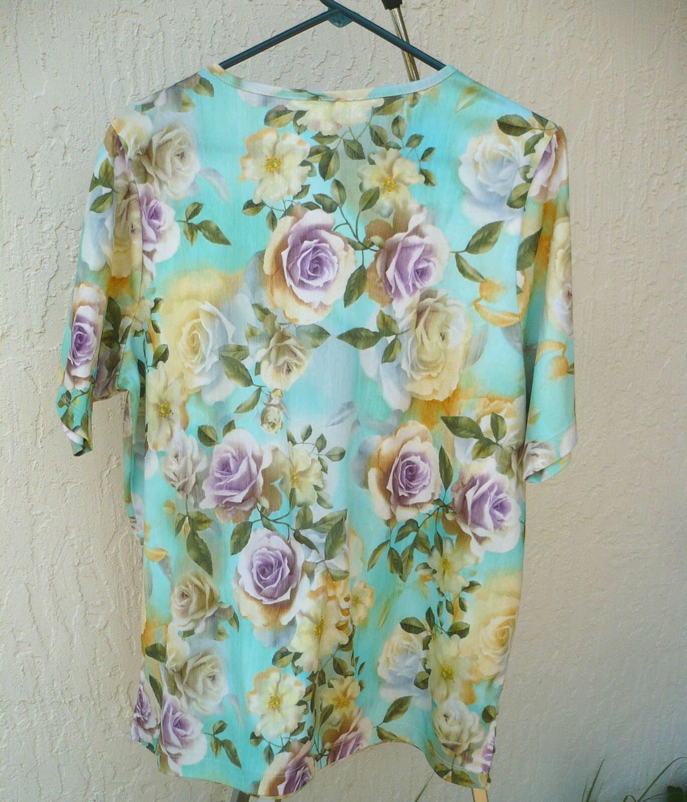 VTG USA BON WORTH L WILD YELLOW PURPLE ROSES GREEN BLOUSE FLORAL SHORT SLV WOMEN
