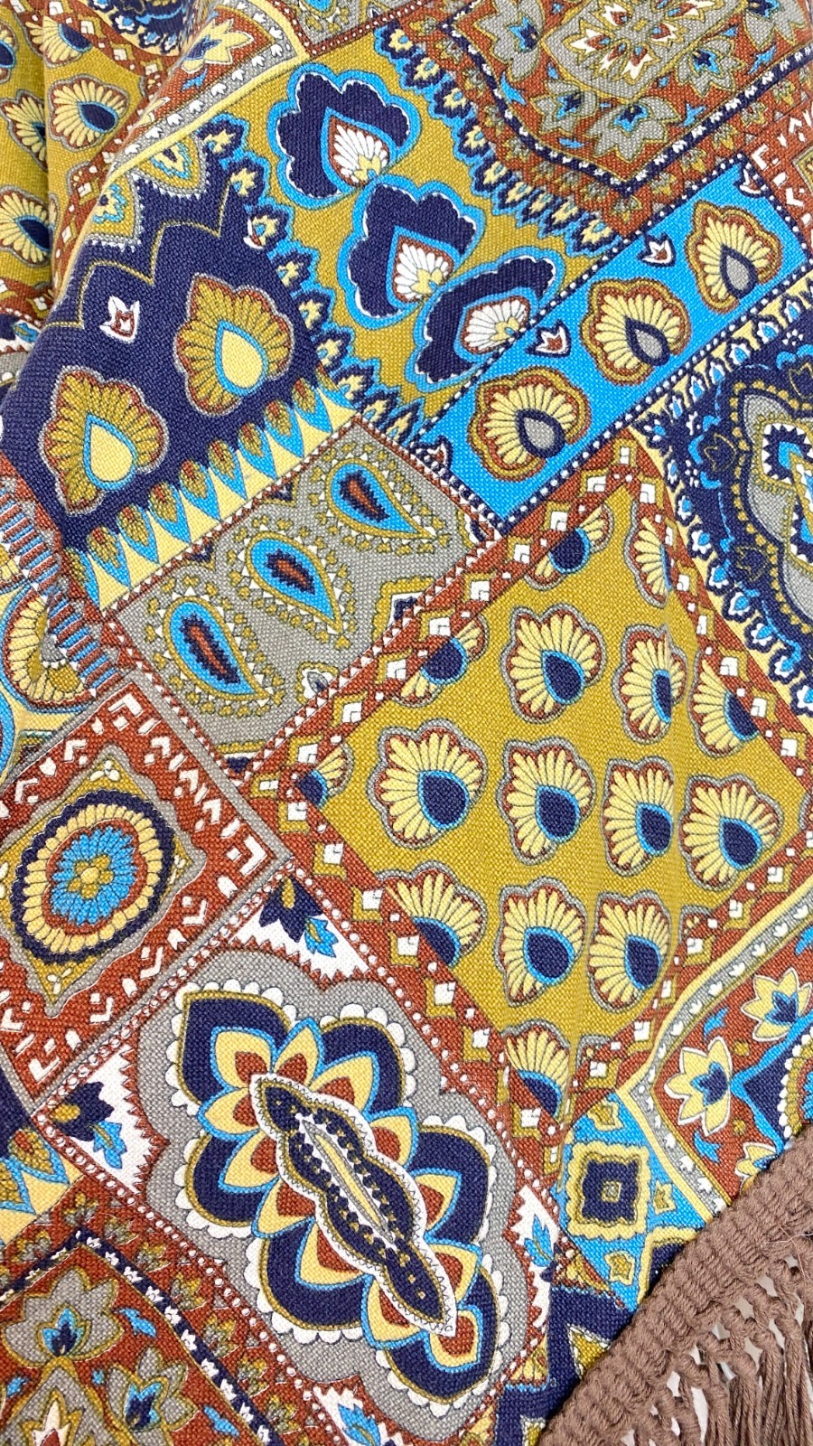 Vintage 1970s patchwork poncho OSFM pullover fringe brown blue mustard cotton