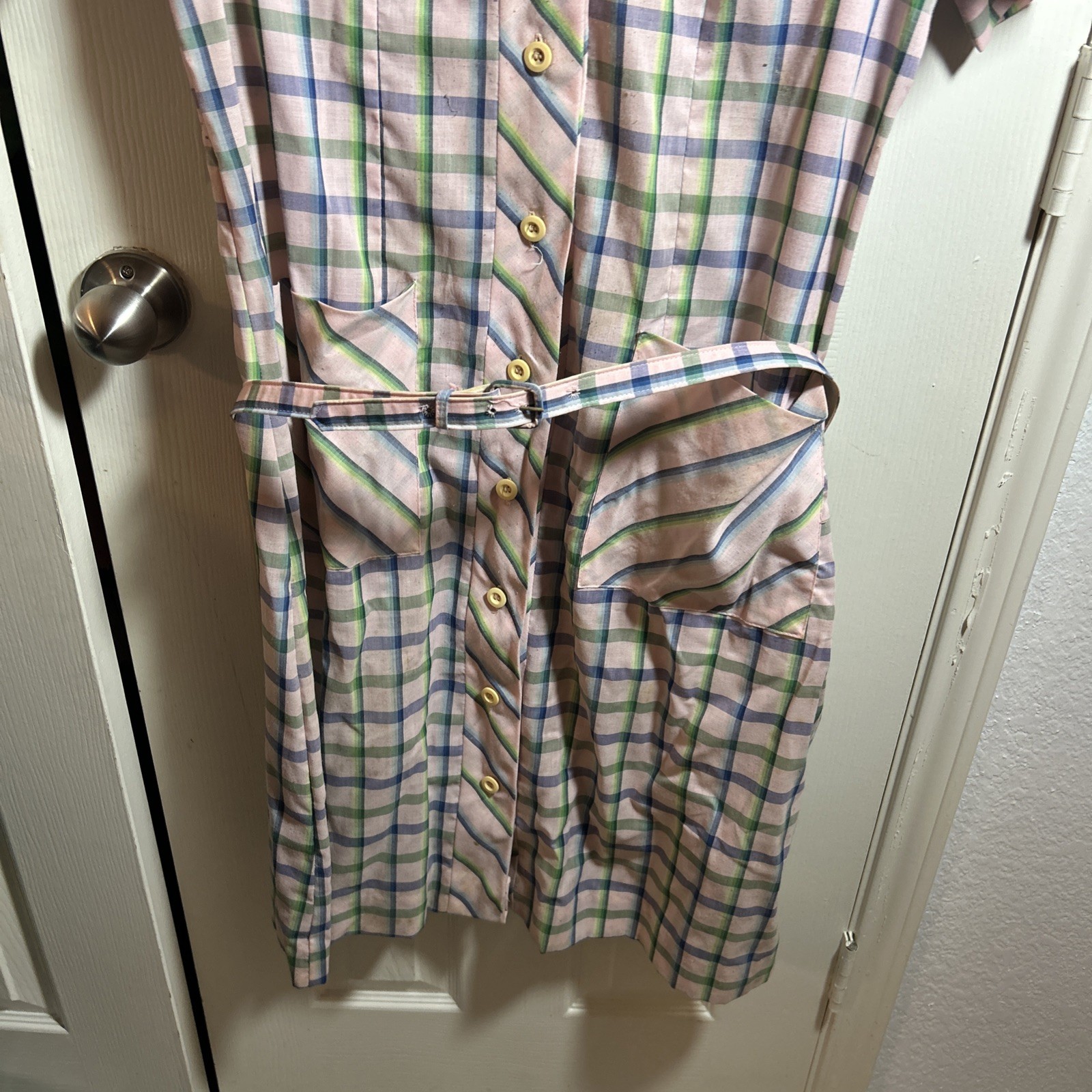 VTG 1950s Pink Blue Green Plaid Shirt Dress W/ Belt and Pockets See Meas. M/L