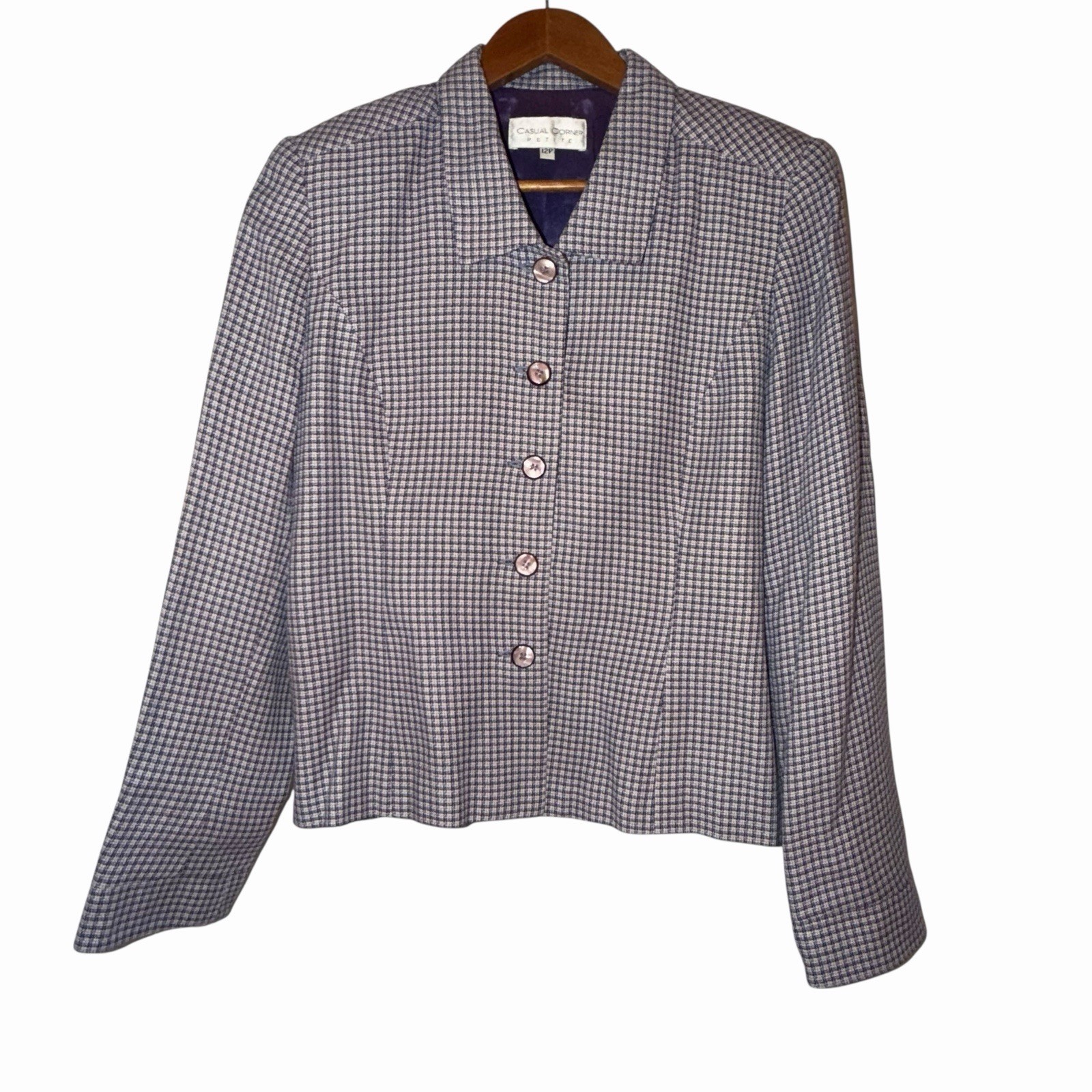 Vtg Casual Corner 5 Button Blazer 12P Purple Ivory Houndstooth Academia FlawREAD