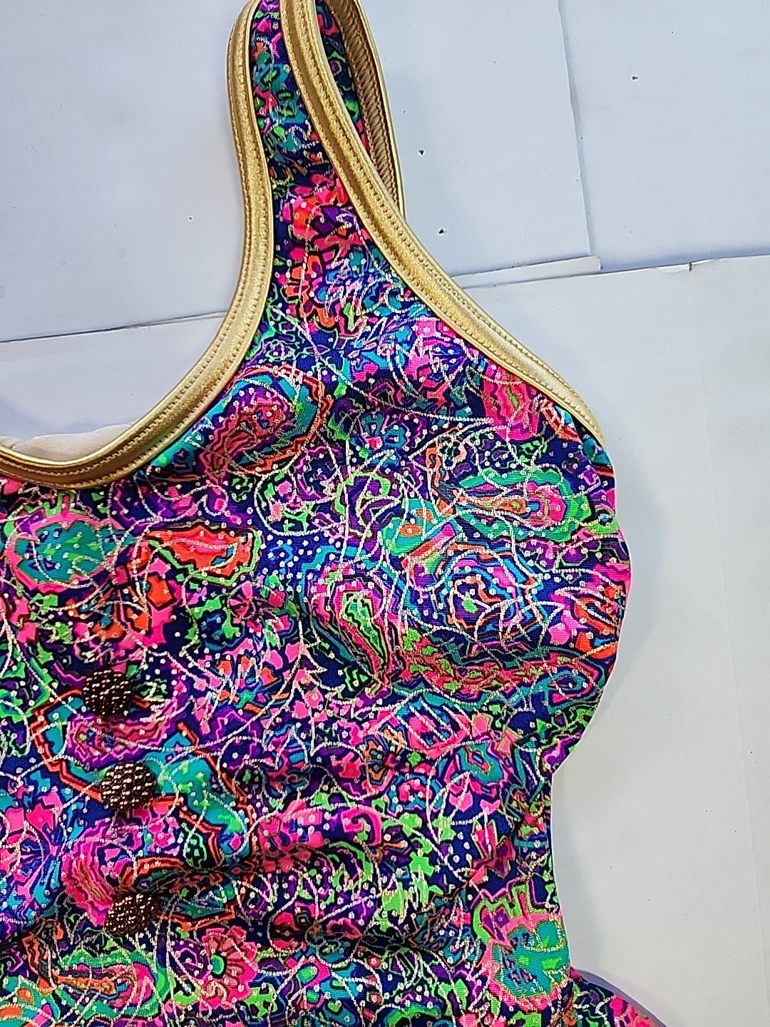 Gantner California Womens Size 10 Psychedelic Neon Colorful 1pc Bathing Suit 80s