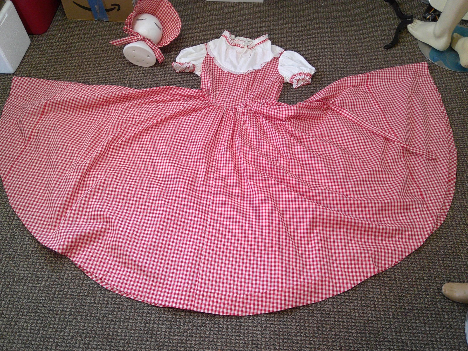 Vtg 70s Red/White Gingham Prairie Cottagecore 160″ Full Sweep Maxi Dress & Hat M