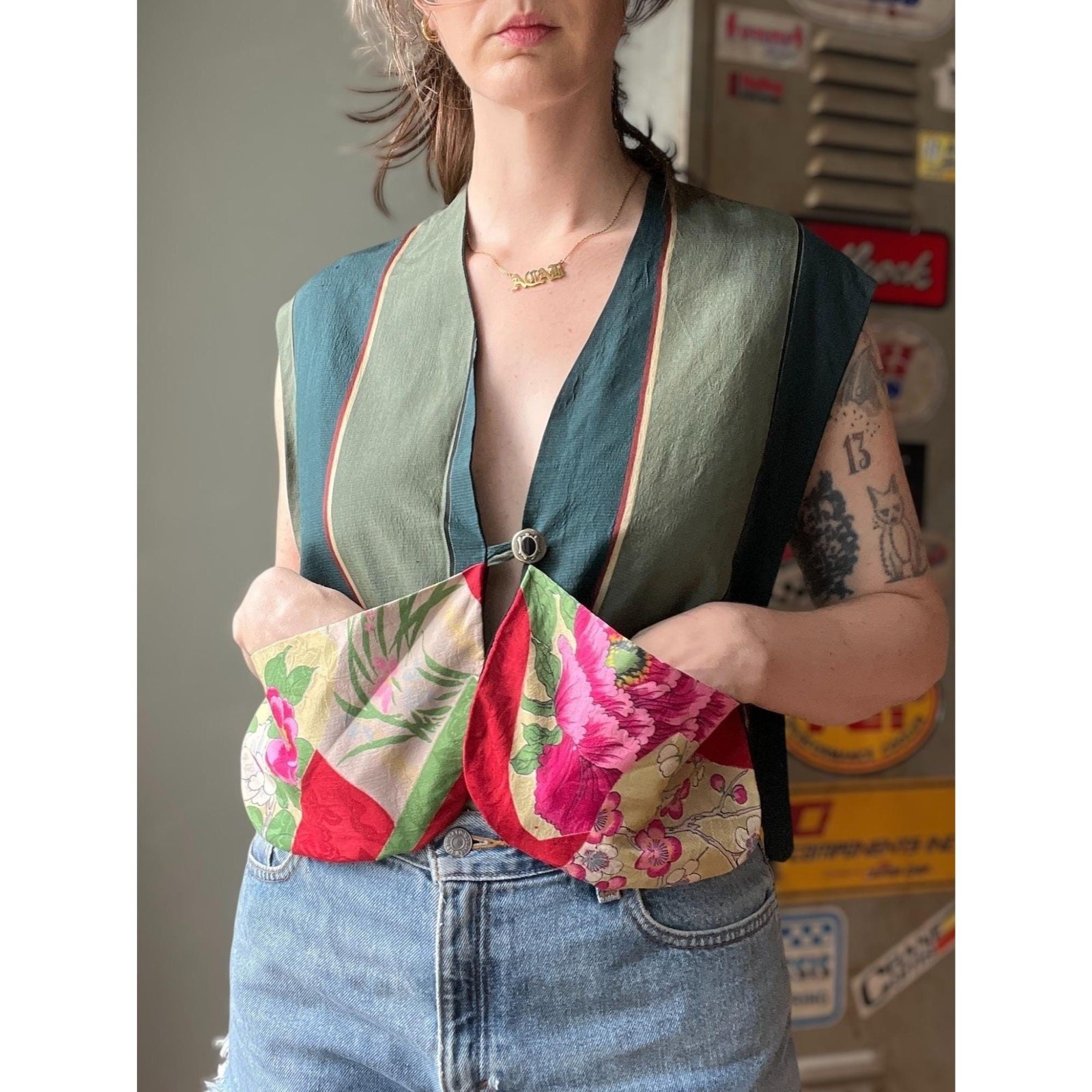 Vintage 90s Silk Patchwork Vest | Floral Brocade Crop | Artwear Festival Top | M