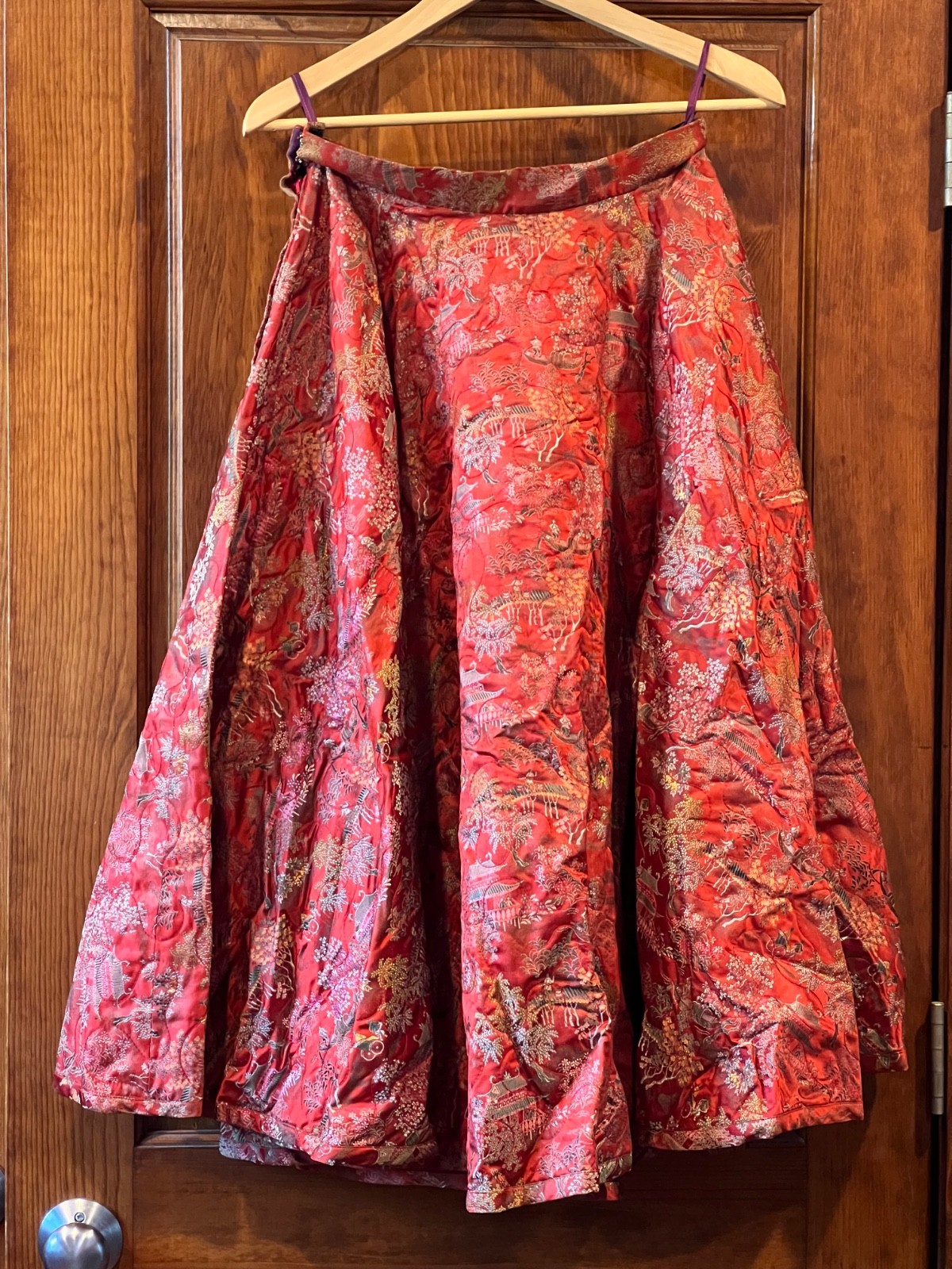Vintage 1960s Chinese Red Silk Brocade Full Skirt Scenic Landscape Pattern Lined