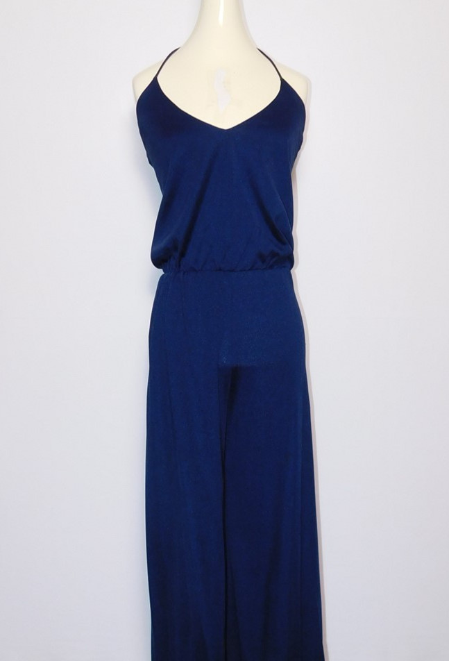 Vintage Women’s Snooty Hooty Navy Blue Wide Leg Evening Party Jumpsuit