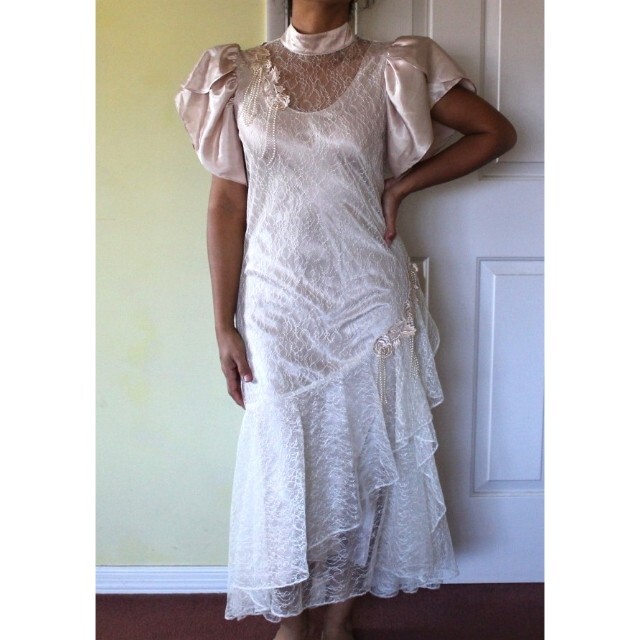 Vtg Cachet by Bari Protas Midi Lace Dress Floral Beaded 9/10 Champagne Victorian