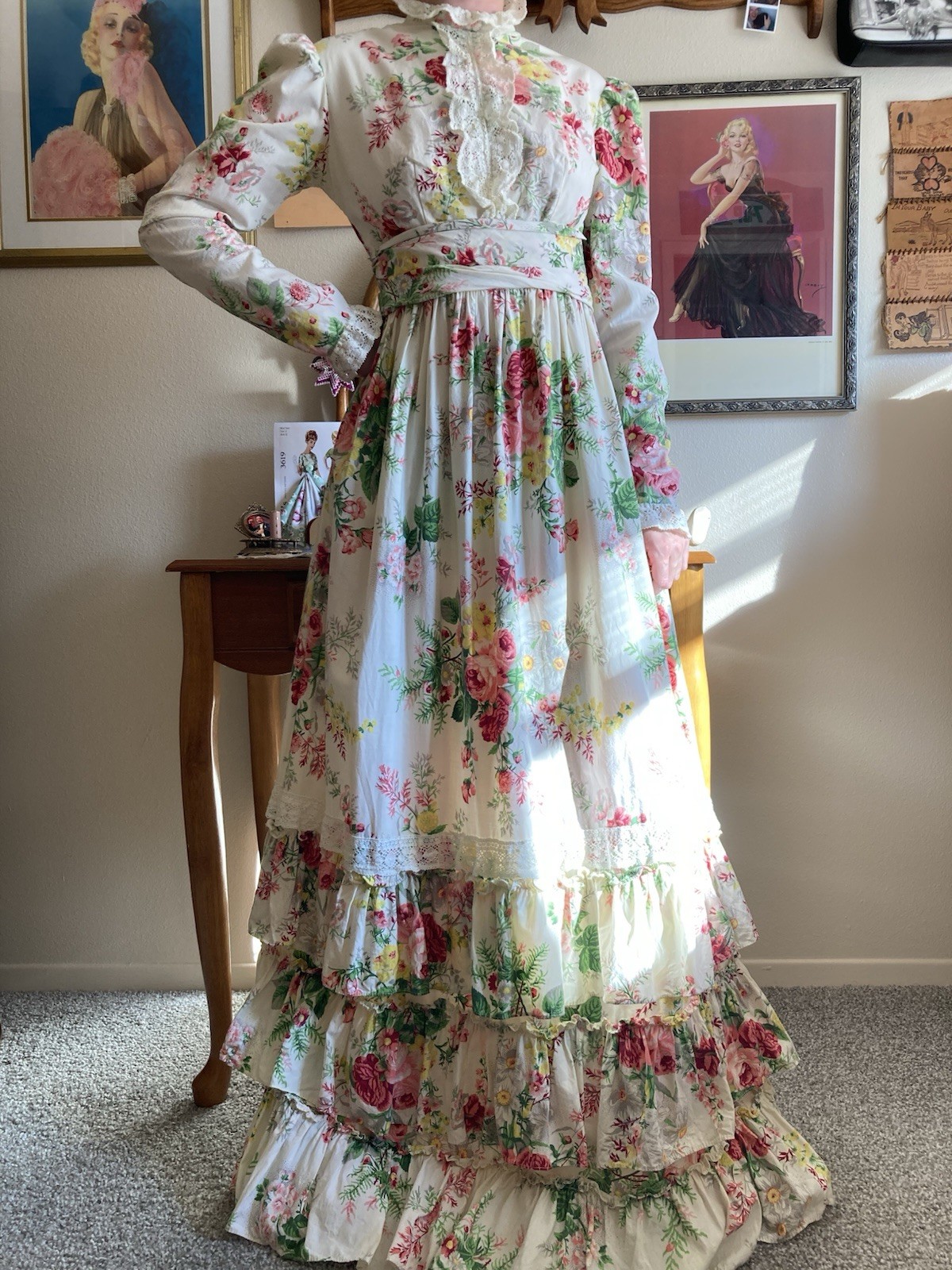 1970s Dreamy Floral Lace & Ruffle Maxi Dress, Bust 34in