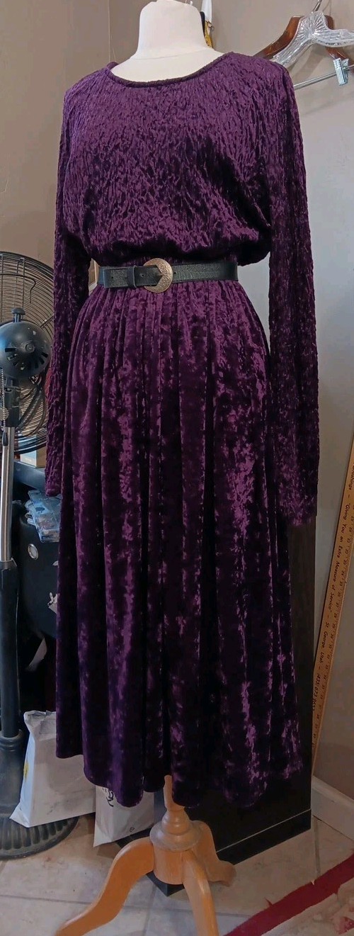 Vtg Western Dress 80s Velvet Purple Full CIRCLE T Swing Sz M Belt Amazing Midi