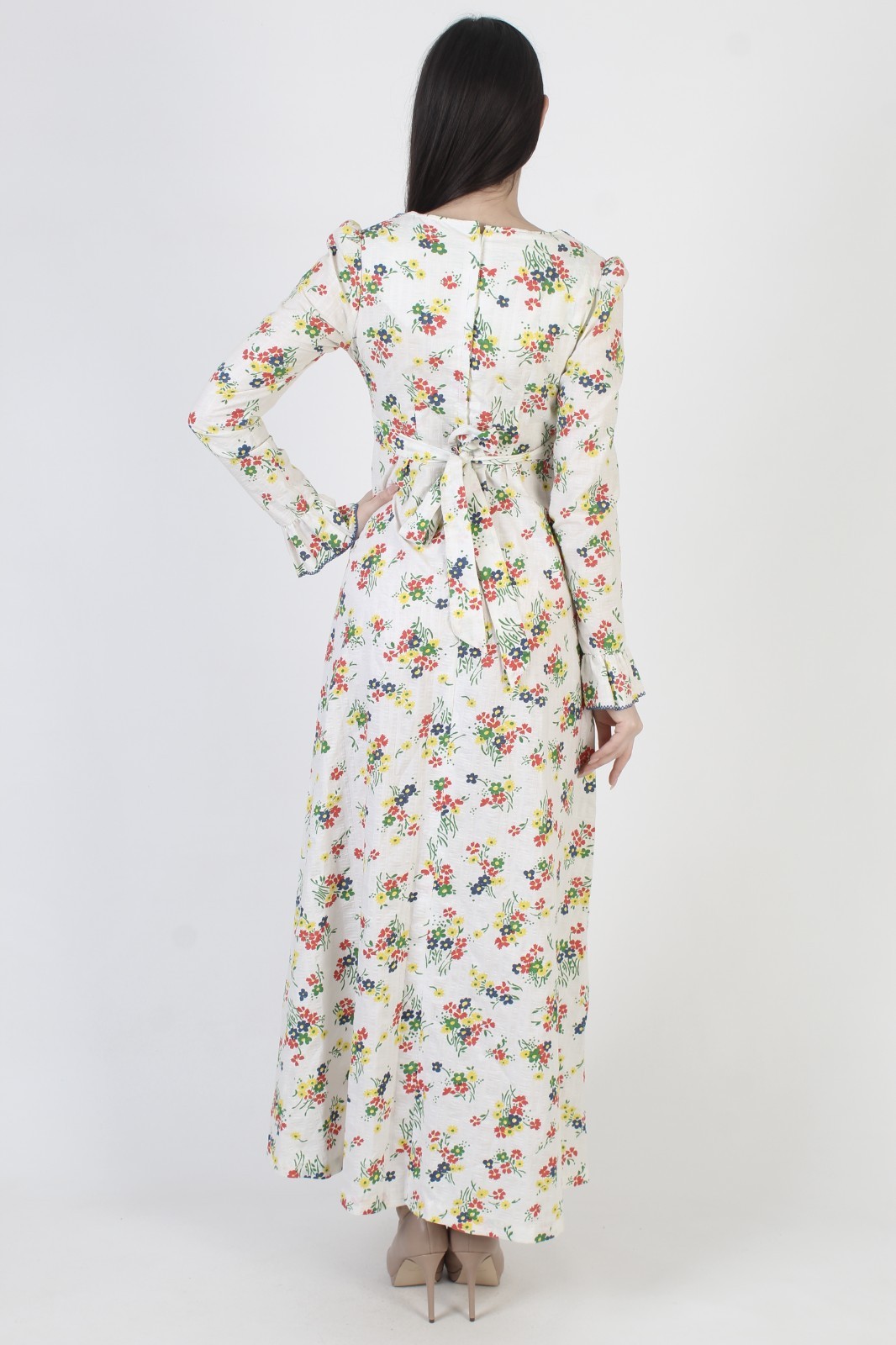 Vtg White Floral Prairie Dress 70s High waist Cottagecore Boho Peasant Gown