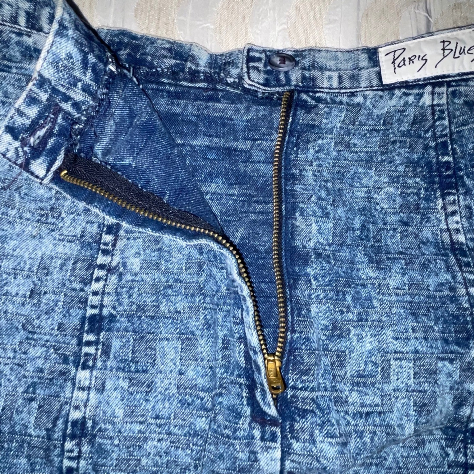 80s Paris Blues Acid Wash Denim 2 pc skirt & jacket Talon 42 Zip Puff Sleeve