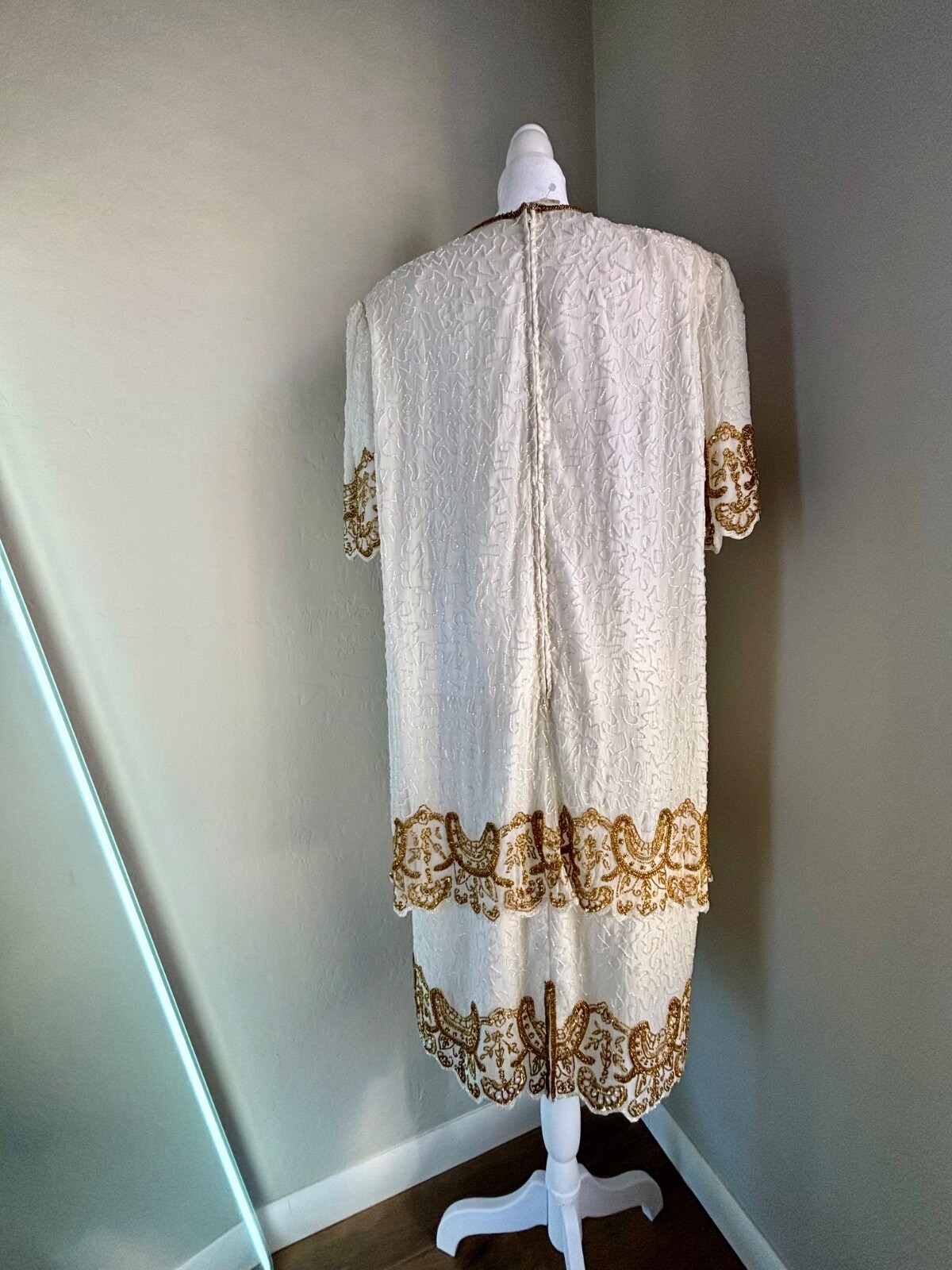 Vintage Brilliante by J.A. 100% Silk White and Gold Beaded Dress-XXL