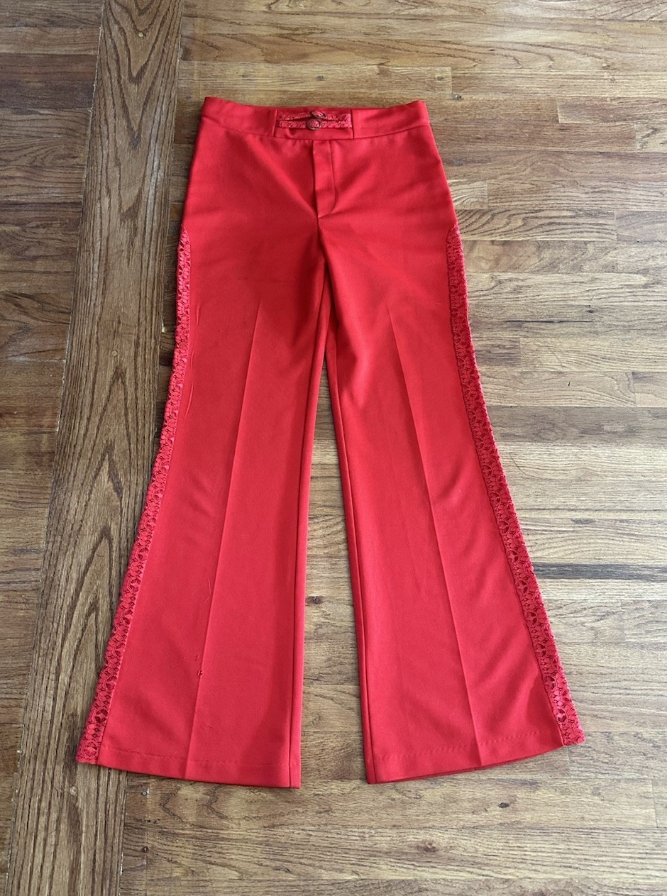 Vintage 70s Red Mod Disco Pants See-Through Lace Panels Woman’s M