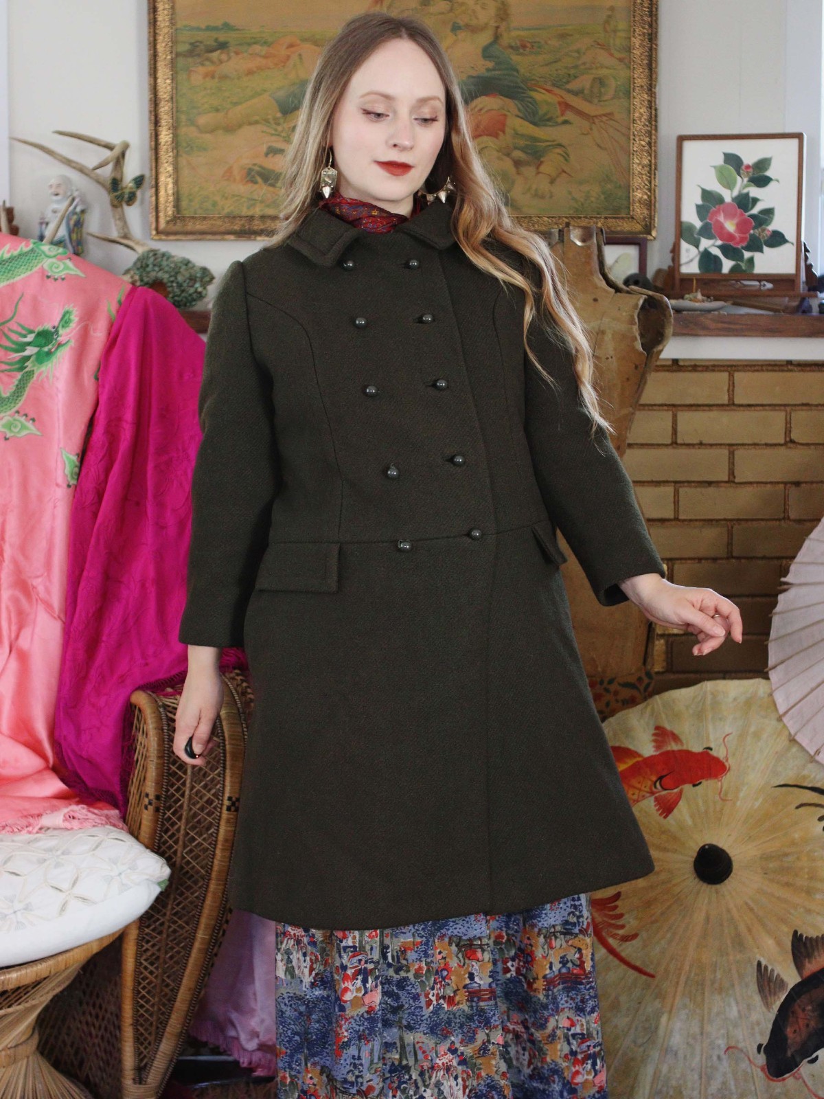 Vintage 1960s The Halle Bros Co deep olive green wool princess Peacoat 60s