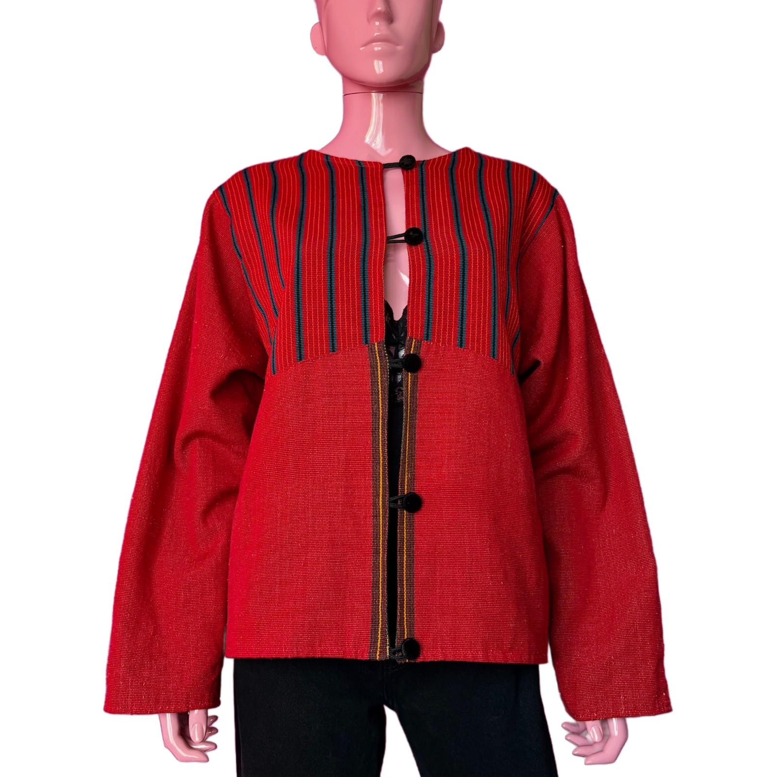 Vintage 90s XL Guatemalan Jacket Red Multicolor Handwoven Stripes Velvet Buttons
