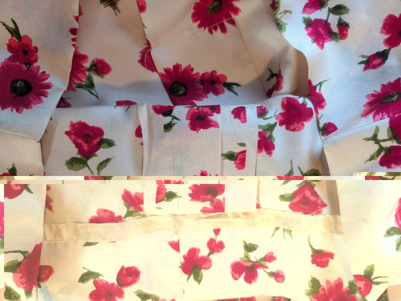 1950s 1960s Day Dress Red Floral Silky Fabric Covered Buttons Straight Skirt S/M