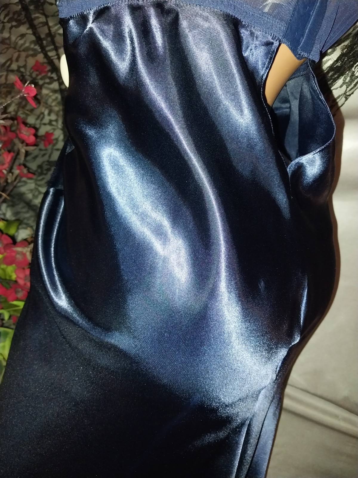 VTG SATIN SHINY SPANDEX LACE BRA BABYDOLL BLUE FLOWERS NIGHTGOWN PLUS 46 48 2X