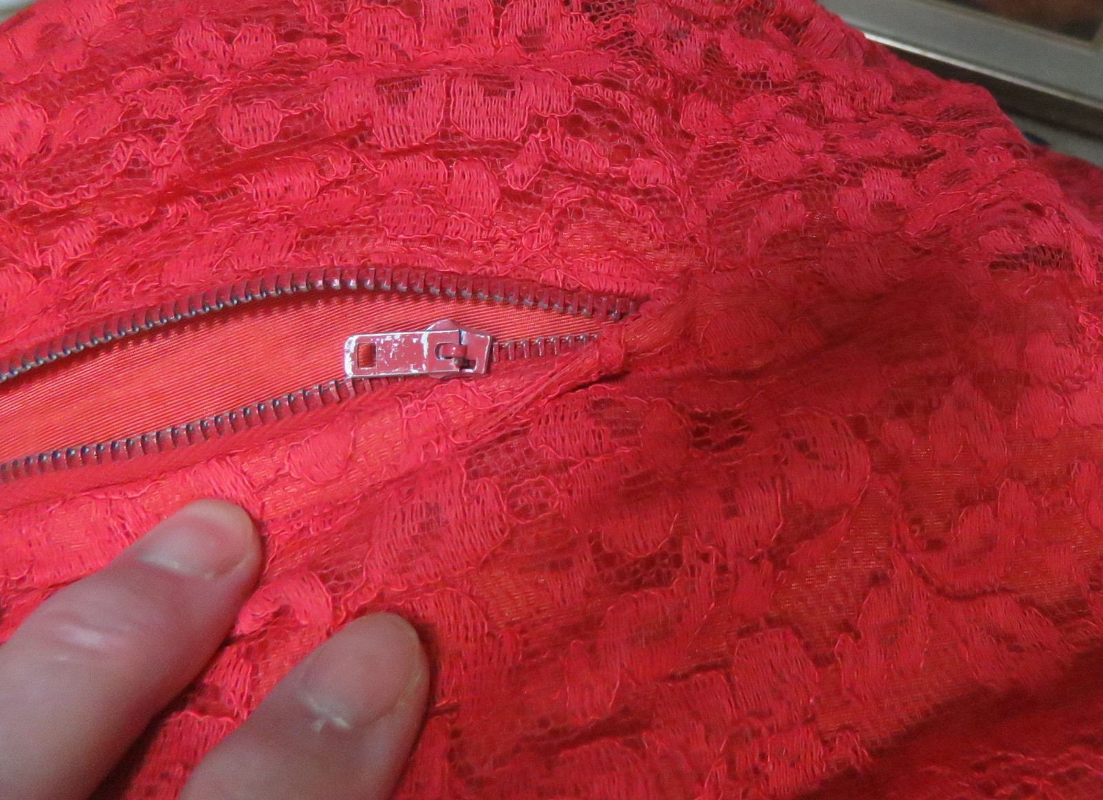 Vintage 1960s Red Lace Dress: Dress w/ bolero jacket. Has defects