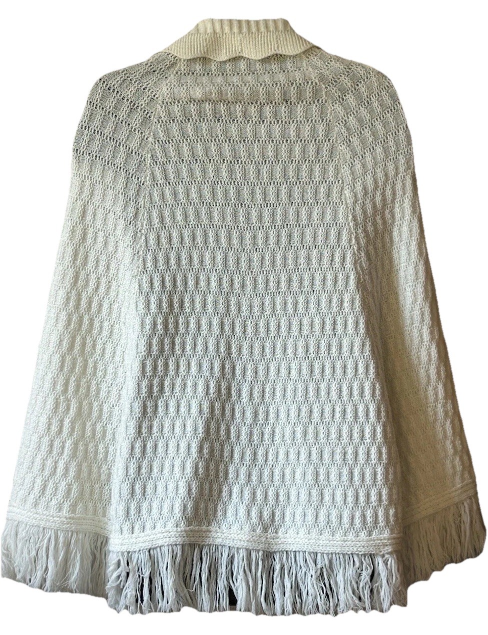 VTG 70’s White Knit Poncho W/ Fringe Arm Holes Hippie Boho Granny core S