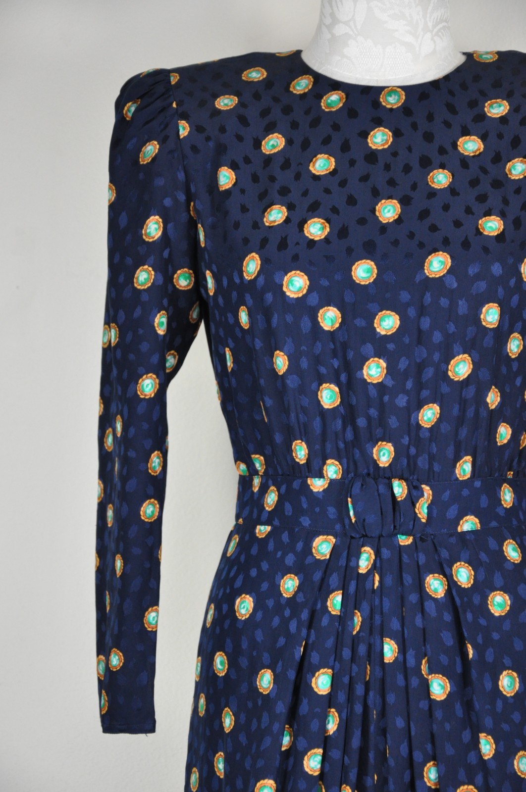 80s Vintage Navy Blue Silk Gemstone Print Puff Sleeve Back Buttons Dress Women S