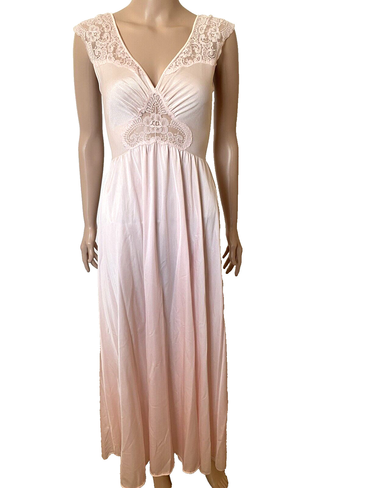OLGA Pink Vintage 9293 Silky Nylon Nightgown Lace Bodice Small