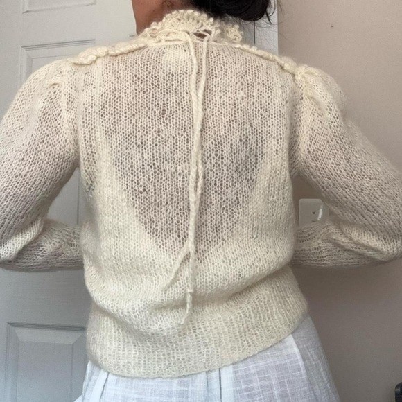 Vintage 60 / 70s Mohair Blend Knit Sweater Lace High Neck Size Medium