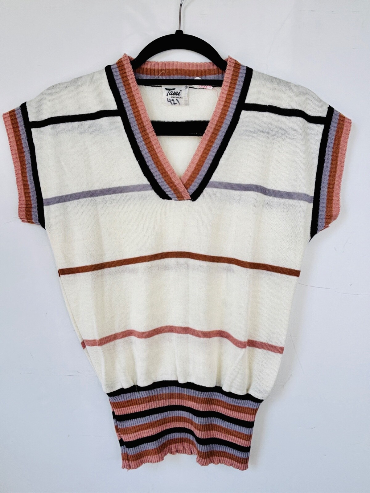 VTG 70’S TAMI SPORTSWEAR OFF WHITE BLACK PURPLE STRIPE RIBBED V-NECK SWEATER*S
