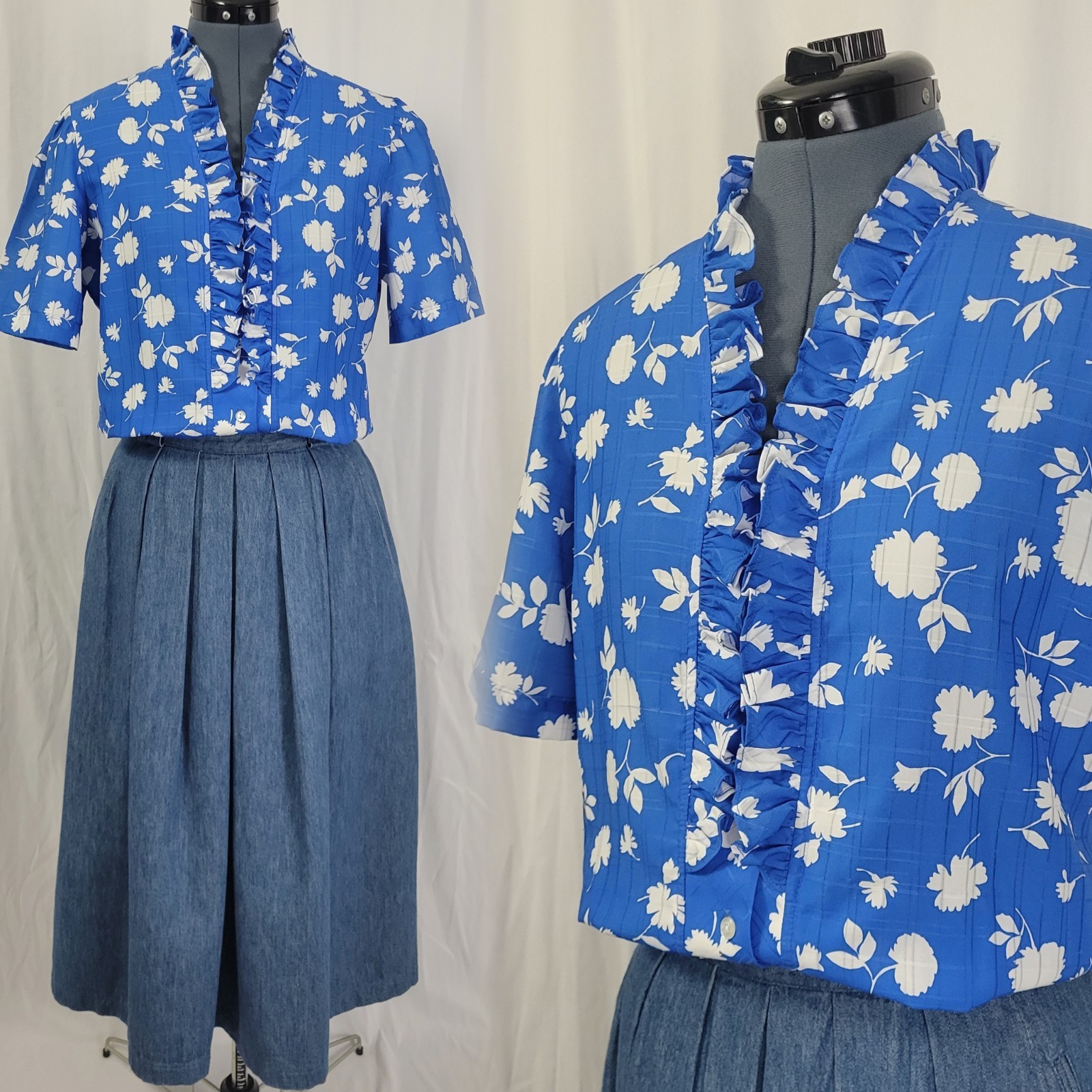 Vtg Jonquil Blue S/S Blouse w White Florals & Ruffled Collar/Button Down Size 12