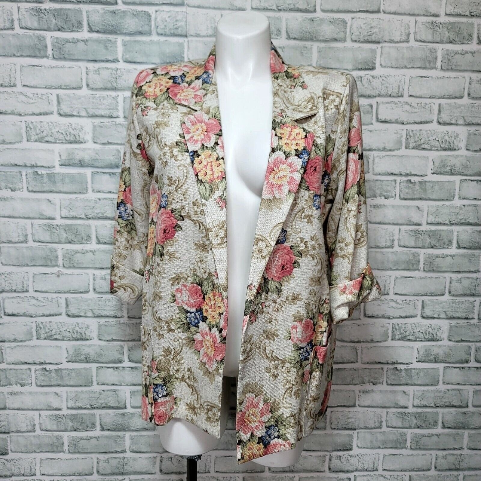 Vintage Joanna Womens L Cottagecore Floral 3/4 Cuffed Sleeve Open Front Blazer
