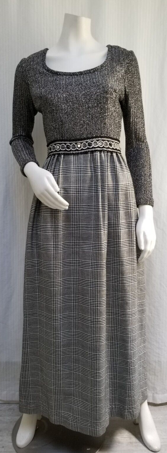 Vintage Black w/ Silver Lurex Rib Knit Glen Plaid Maxi Dress- Size S – EUC