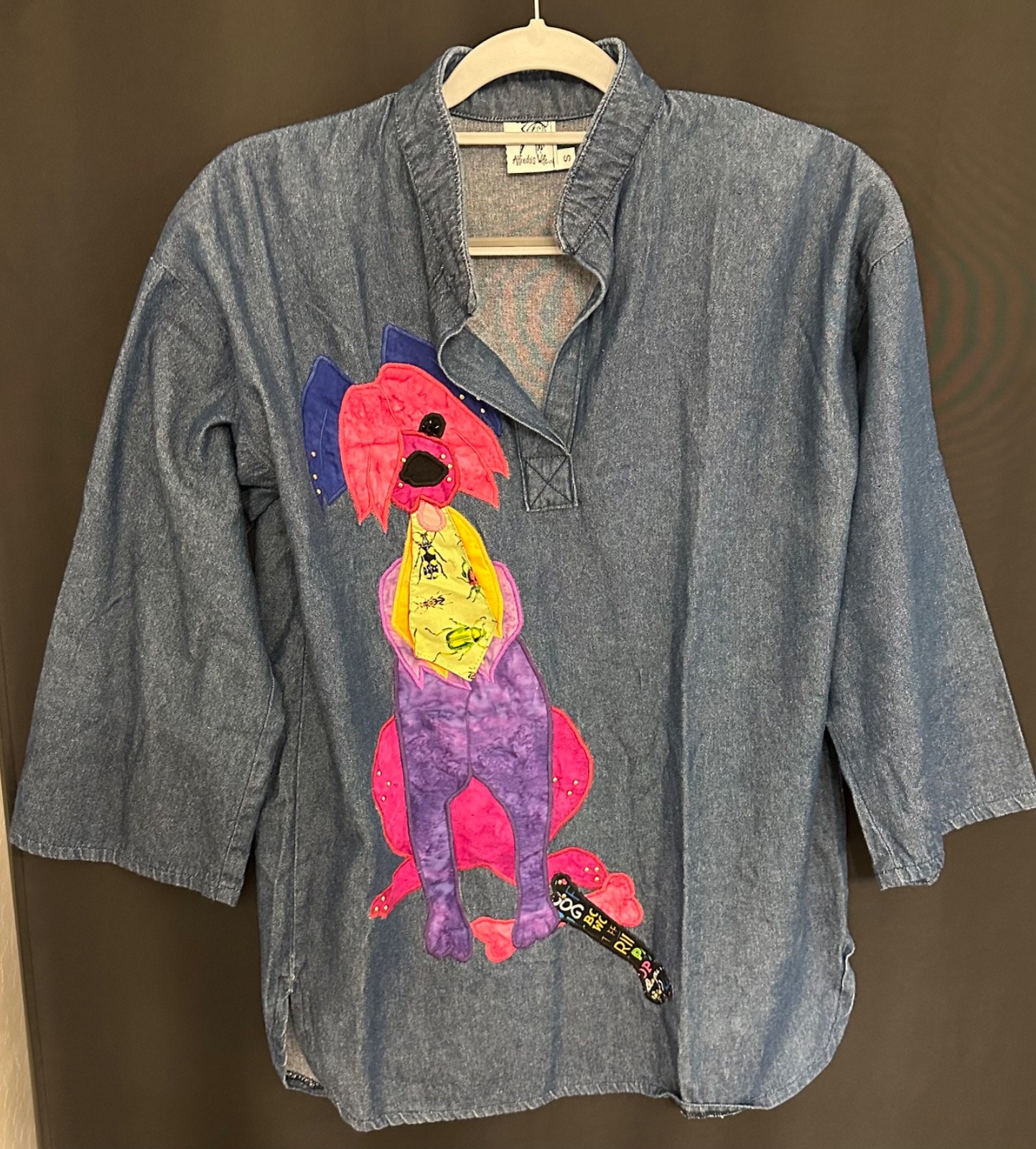 VTG Alfredo’s Wife Wearable Art Whimsical Dog Applique Denim Tunic SZ S OOAK