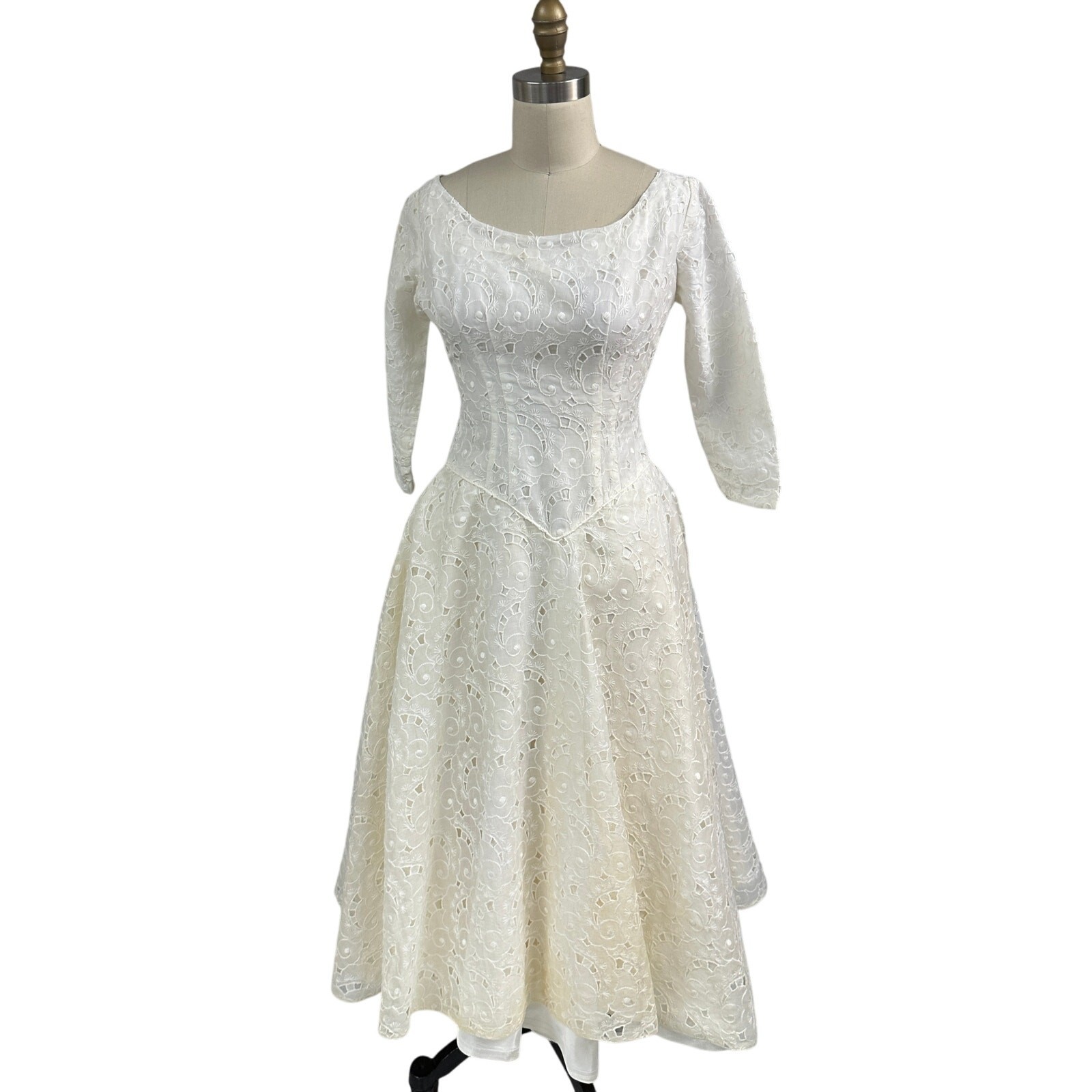 Vintage 1950s Creamy White Organdy Fit & Flare Dress Wedding Gown XS S