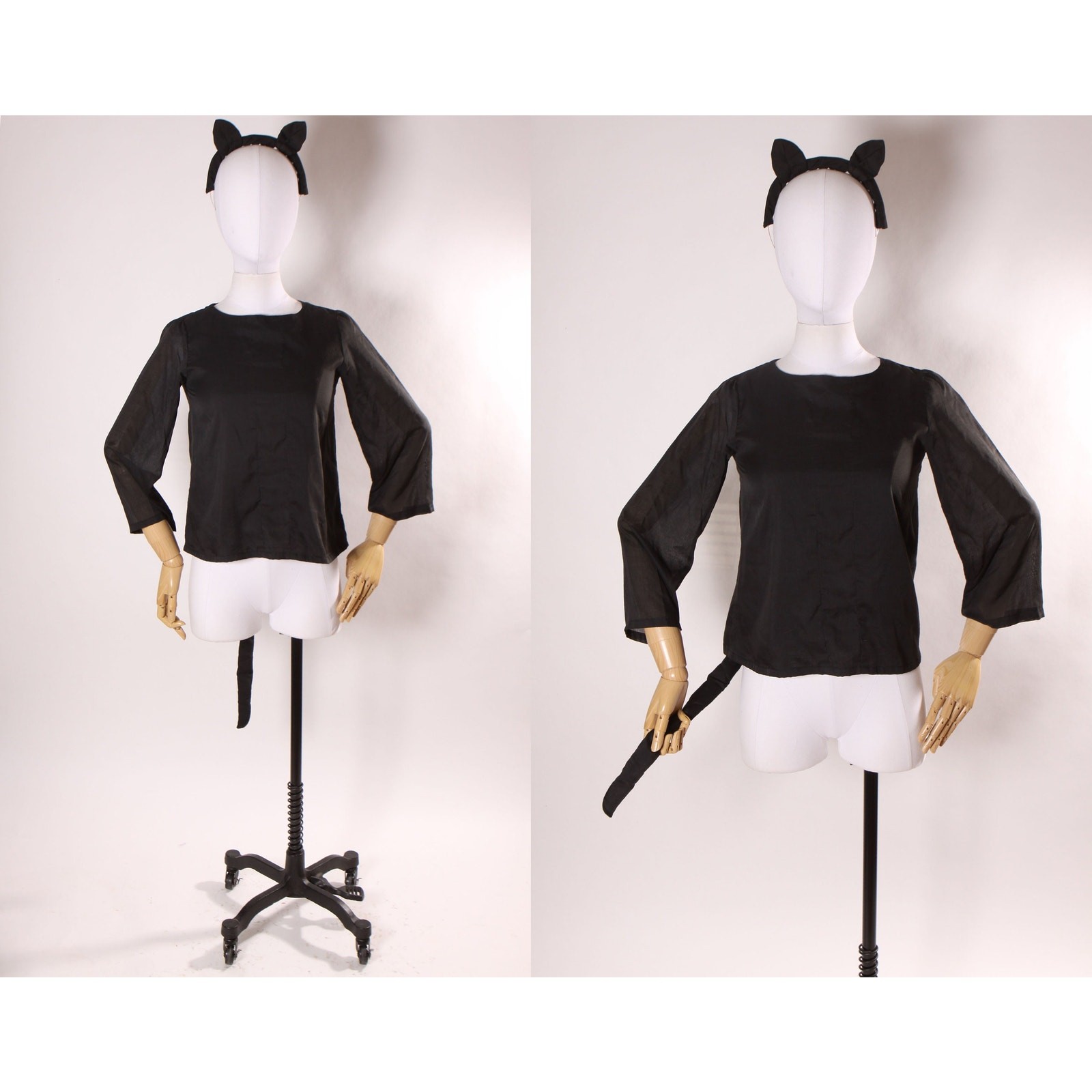1970s Black Cat Long Sleeve Blouse with Cat Ear Headband Halloween Costume