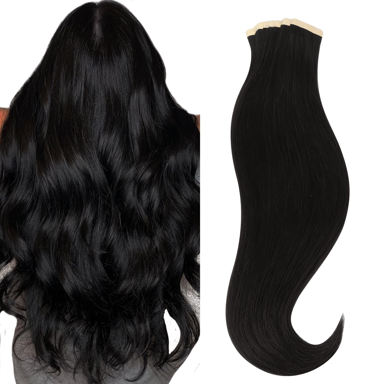HOTBANANA 16″ Jet Black Remy Human Tape-In Hair Extensions 20pc/50g