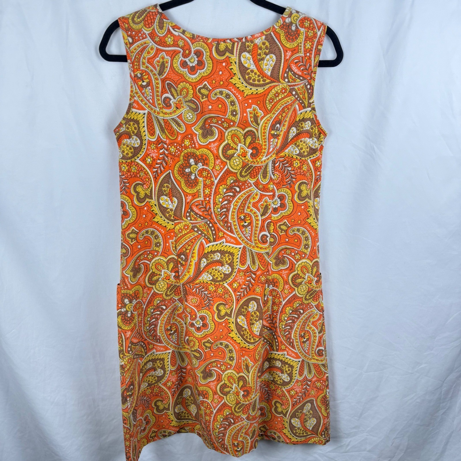 Vintage Komar Orange Paisley Zip Front Sheath Dress 70s Retro Boho Made in USA