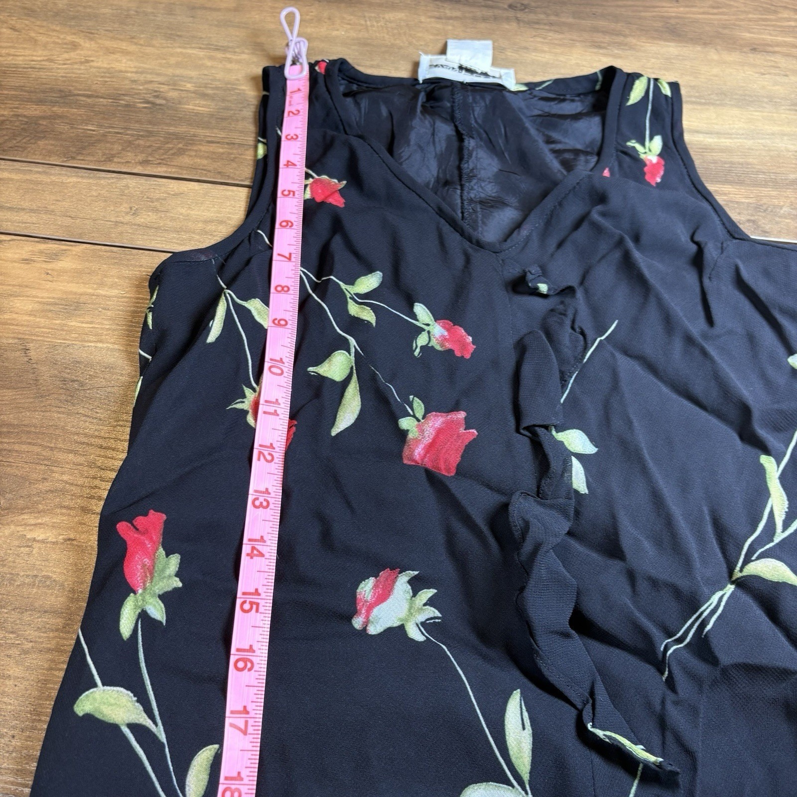 Vintage Evan Picone Women 6 Black Rose Midi Dress 90s Grunge Ruffle REPAIRED