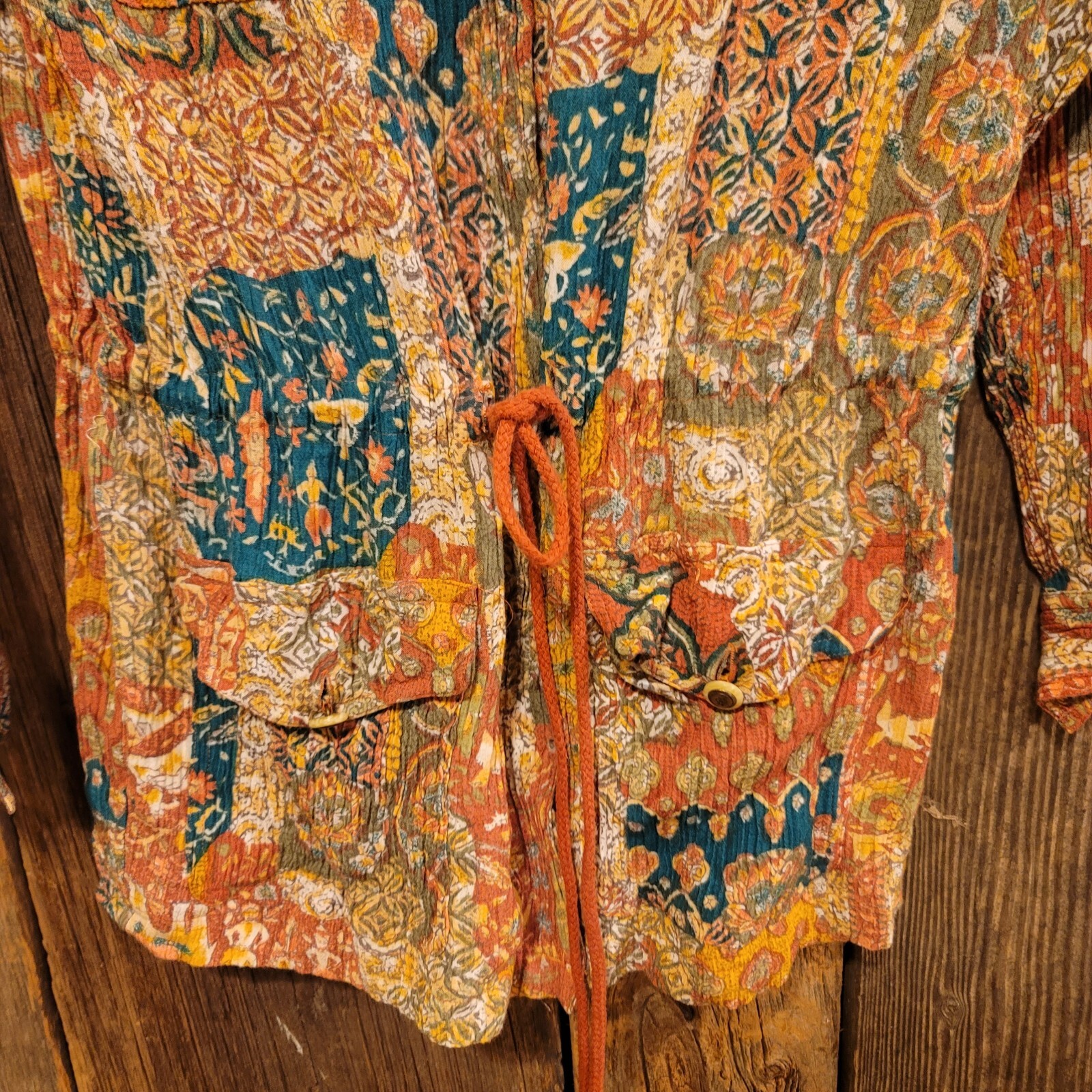 Vintage Sk & Company Blouse Rayon Wrinkle Look Drawstring Button Up Long Sleeve