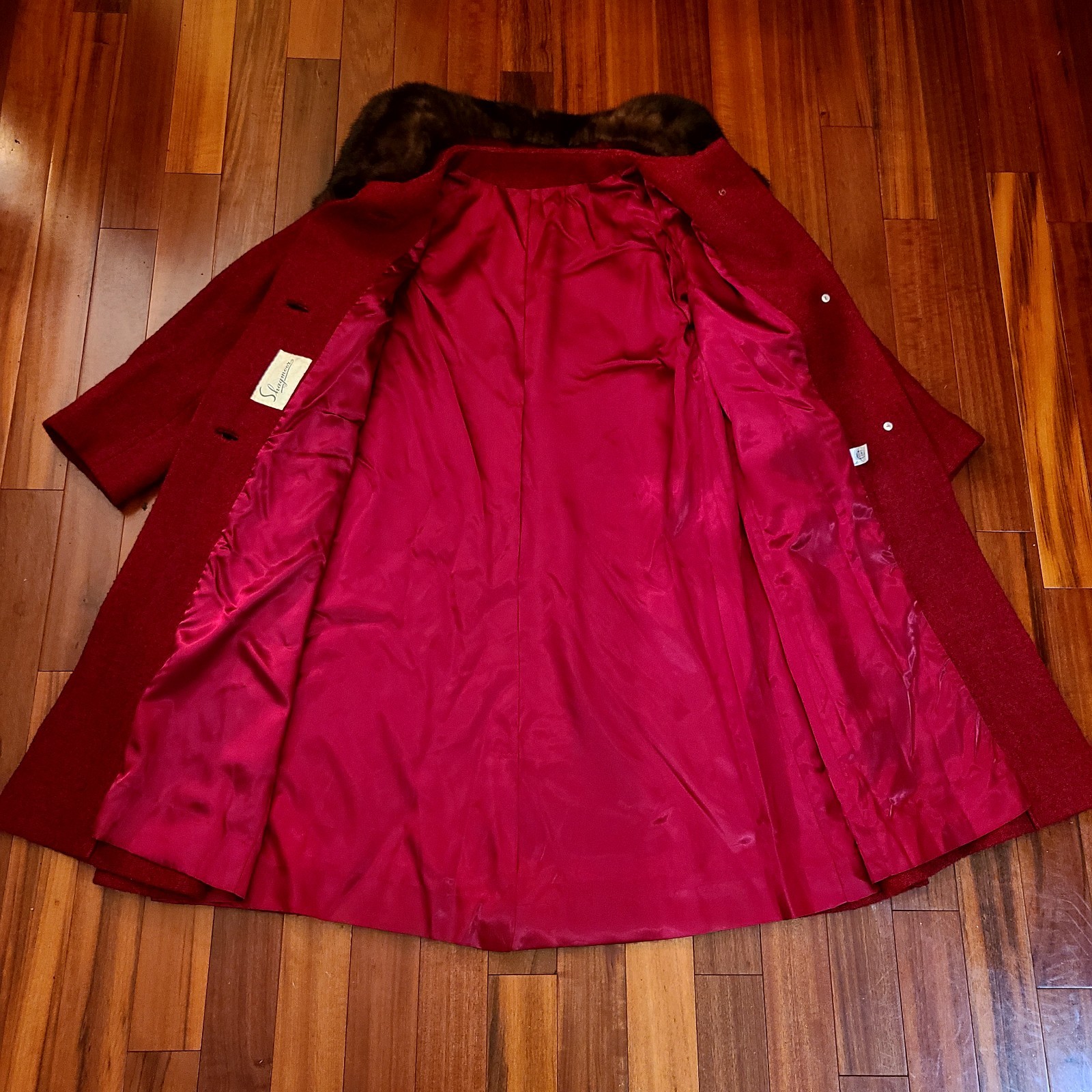 Vintage 50s Shagmoor Red/Burgundy Long Mink Fur Collar Coat Dress Jacket Women