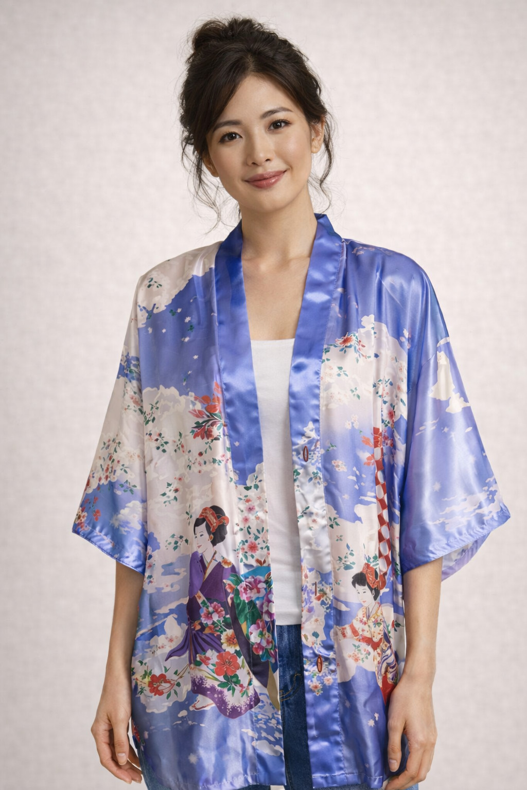 Kimono Robe Floral Large+Multicolor Loungewear Wrap-Around Polyester Japan Sz 42
