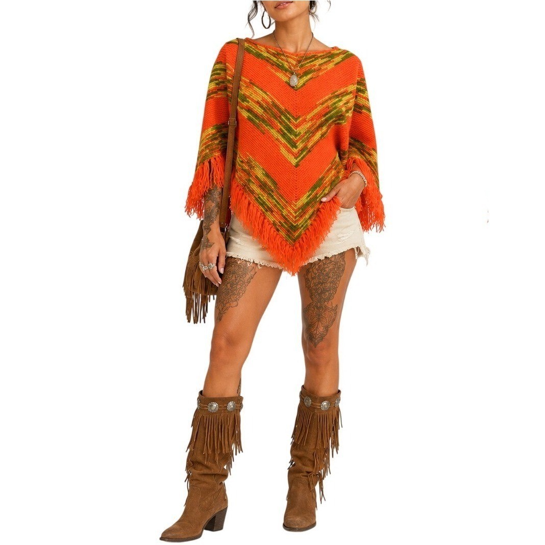 70s Vintage Fringed Poncho Orange Sweater Cape Womens XS Boho Hippie Chevron Mod