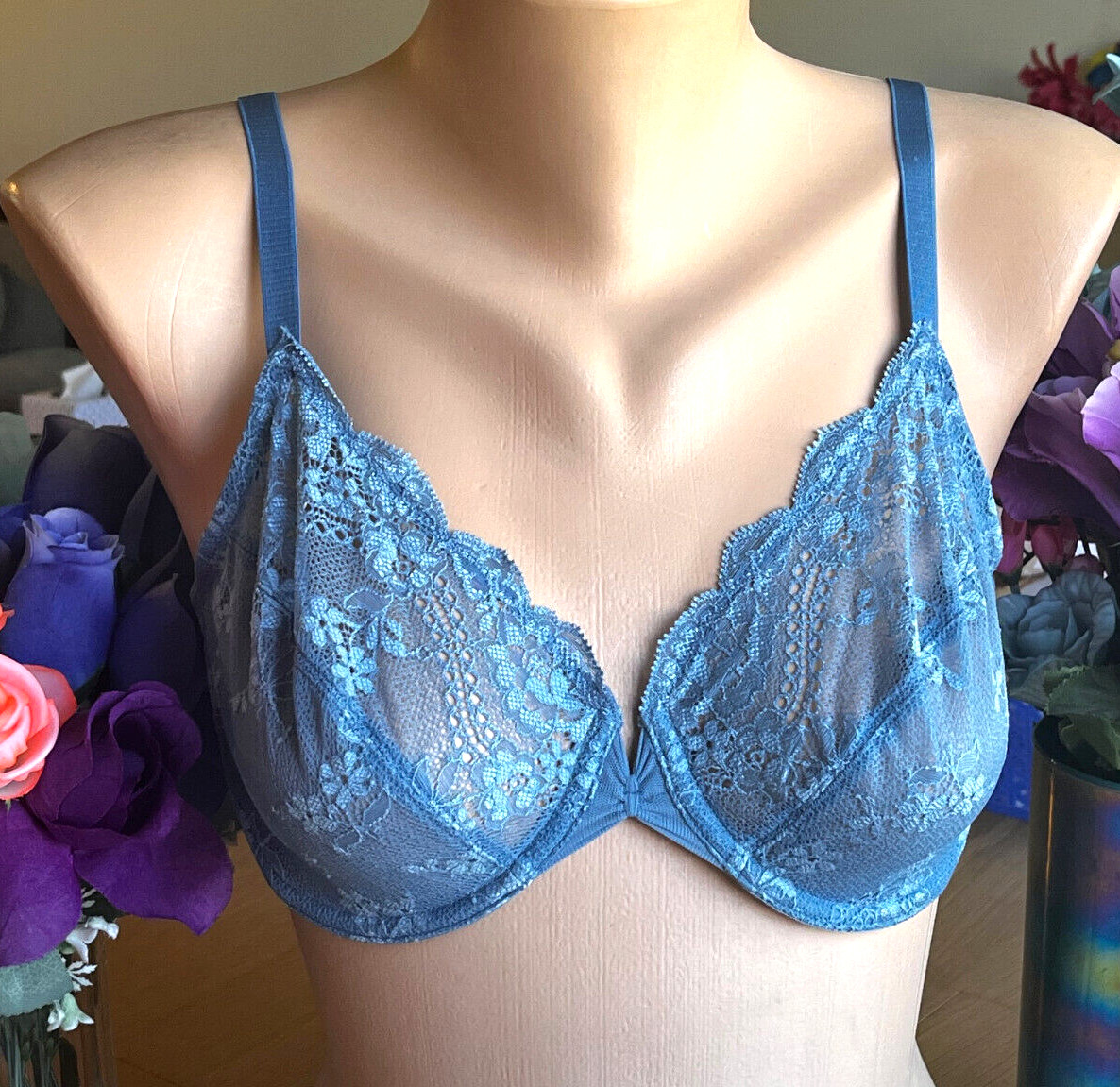 324 Wacoal 34D Dusty Blue Lace Gathered Center Underwire Bra #851124 Discontin’d