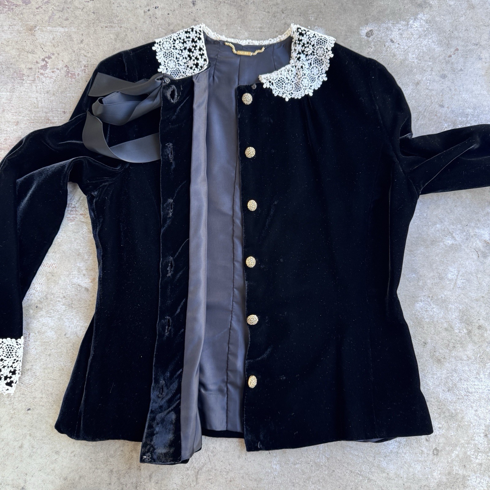 Vtg 80s Celine Velvet Blouse Lace Peter Pan Collar Jacket Tie Ribbon Silk Paris