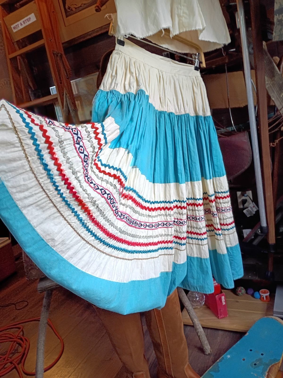 Vtg Mexican Patio Peasant Dress 2 Piece Skirt Blouse Ric Rac Trim Full Circle