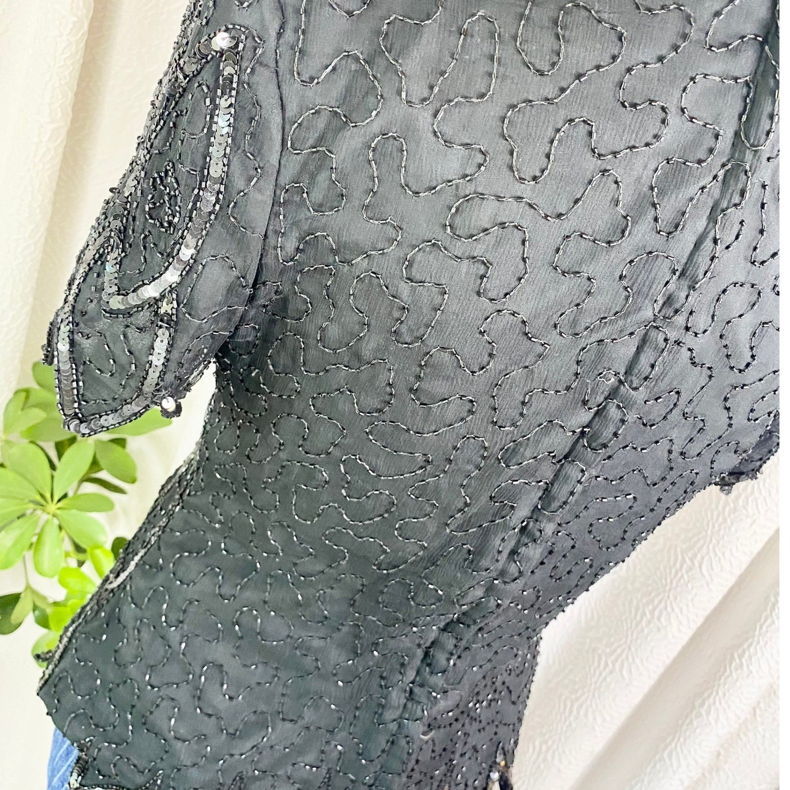 Vintage 100% Silk Black Sequin Top, Beaded Embellished, Size Medium
