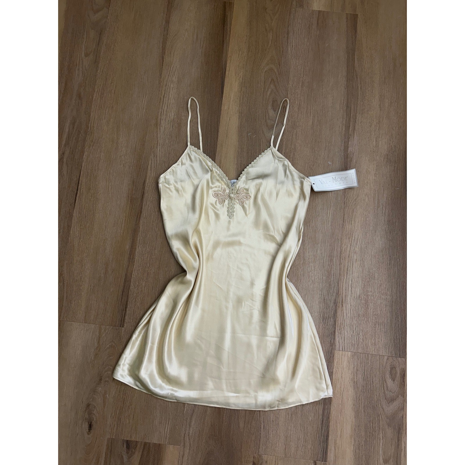 Vintage Gold Champagne Satin slip dress Chemise Nightgown Soutache Medium NEW