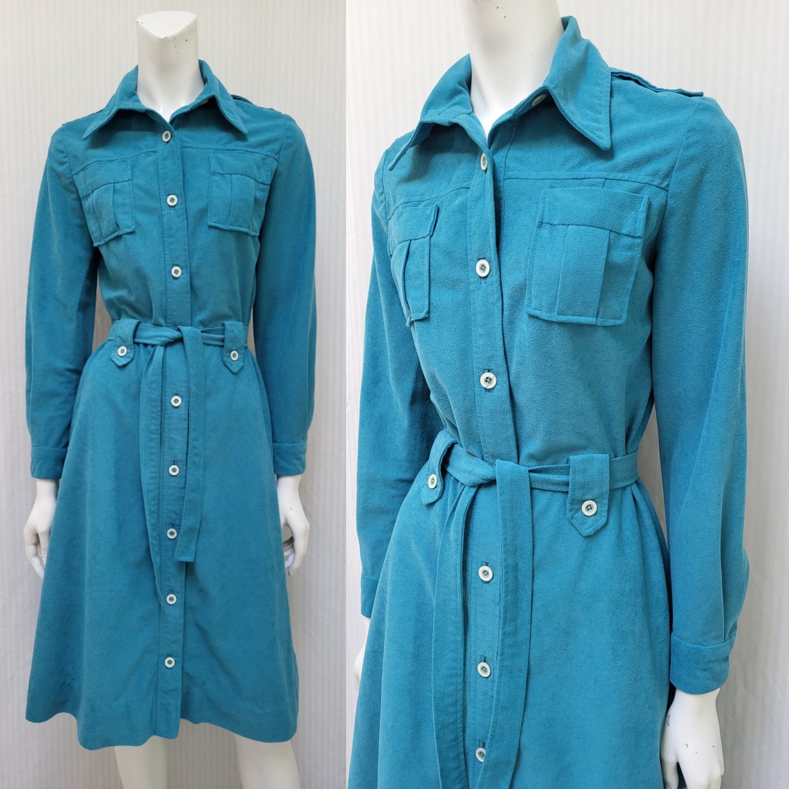 Vintage Teal Ultrasuede Button Front Shirt Dress w/ Tie Belt – Size S – EUC
