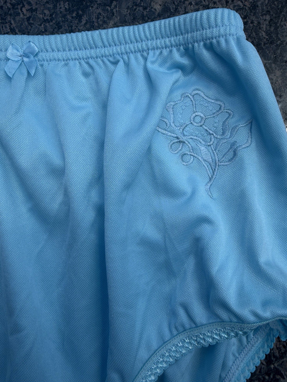 Vtg Hi Waist Floral Embroidery Polyester Granny Brief Panties 8/XL NWOT Blue