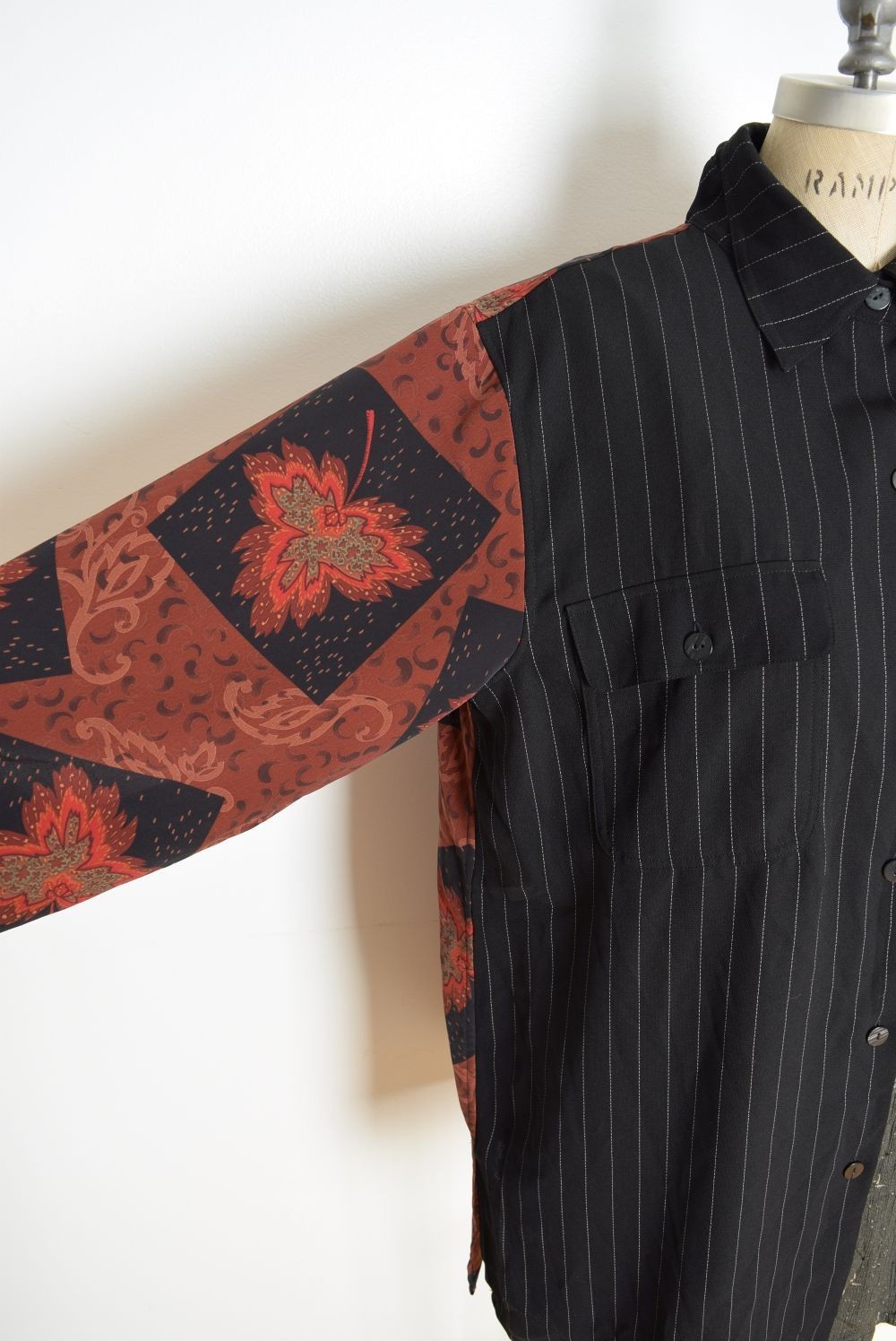 vintage 90s top patchwork button up shirt blouse oversized black gray rust L XL
